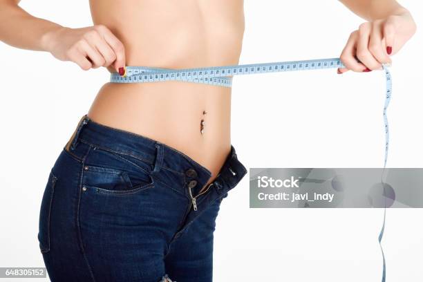 Young Woman Measuring Waist With A Tape Stock Photo - Download Image Now - Abdomen, Adult, Adults Only