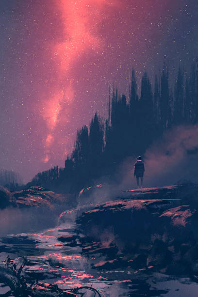 man standing on the rock with waterfall looking at the night sky man standing on the rock with waterfall looking at the night sky,illustration painting pink icelandic sky stock illustrations