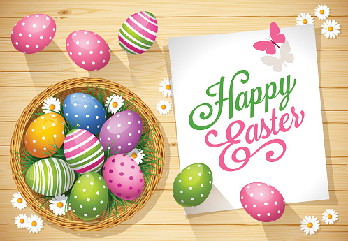 Easter greeting card with coloured eggs, butterfly, daisy and basket on wood background. High angle view.