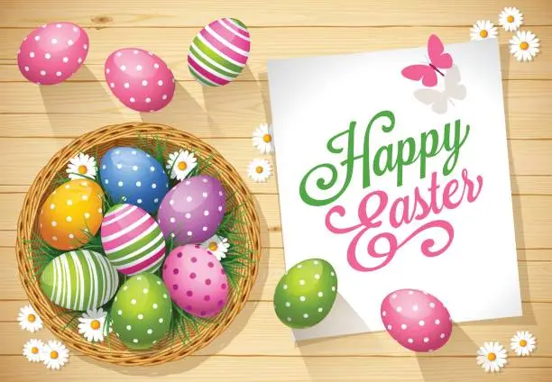 Vector illustration of Easter eggs with greeting card on a wooden background