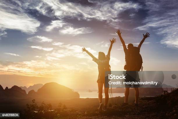 Happy Couple Winner Success Concept Mountains Stock Photo - Download Image Now - Couple - Relationship, Travel, Hiking