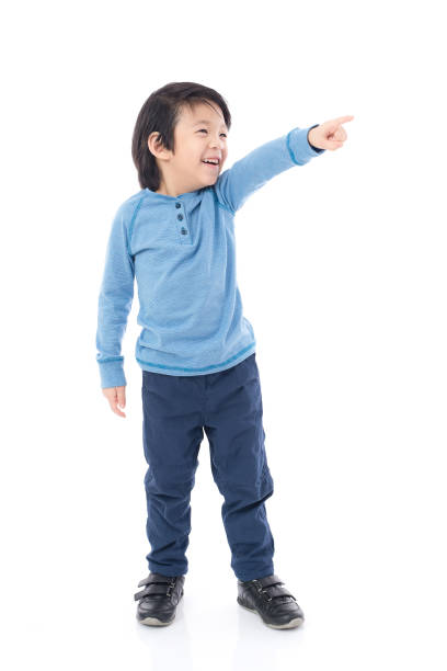 istock Asian child pointing on white background isolated 648319640
