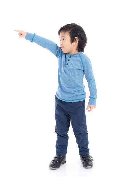 istock Asian child pointing on white background isolated 648319678