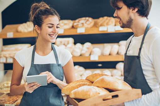Manager Baking Bakery Manager With Digital Tablet Stock Photo - Download Image Now ...