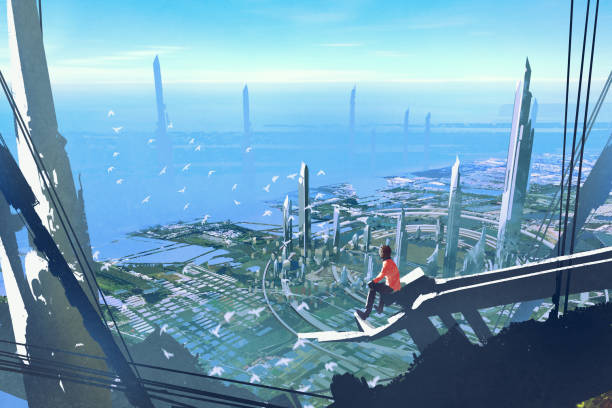 man sitting on edge of building looking at futuristic city aerial view with the man sitting on edge of building looking at futuristic city,illustration painting looking at view illustrations stock illustrations