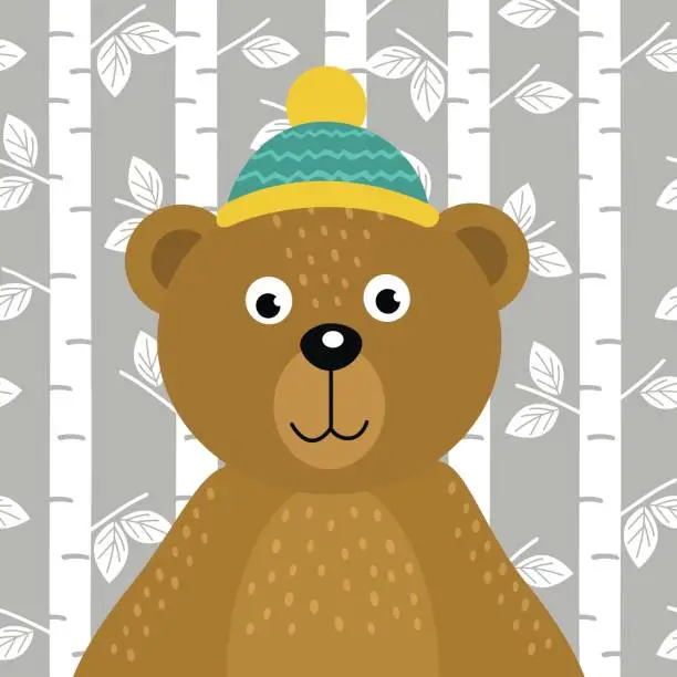 Vector illustration of bear on background of birch trees