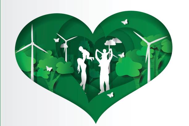 papierowy styl rodziny bawiąc się bawiąc się w zielonym mieście - heart shape grass paper green stock illustrations