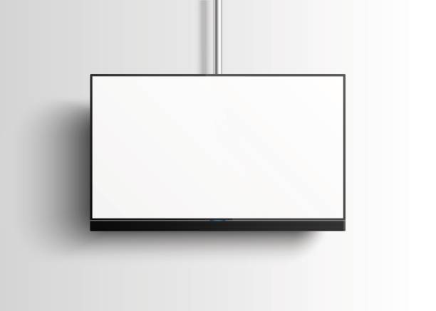 istock Flat Smart TV Mockup with blank white screen hanging on the tube, soundbar, lcd realistic vector illustration 648340658