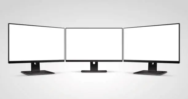 Vector illustration of Three Computer Monitors Mockup with white blank screen