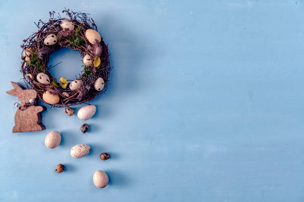 istock Colorful Easter Eggs Decoration on Wooden Background 648355530
