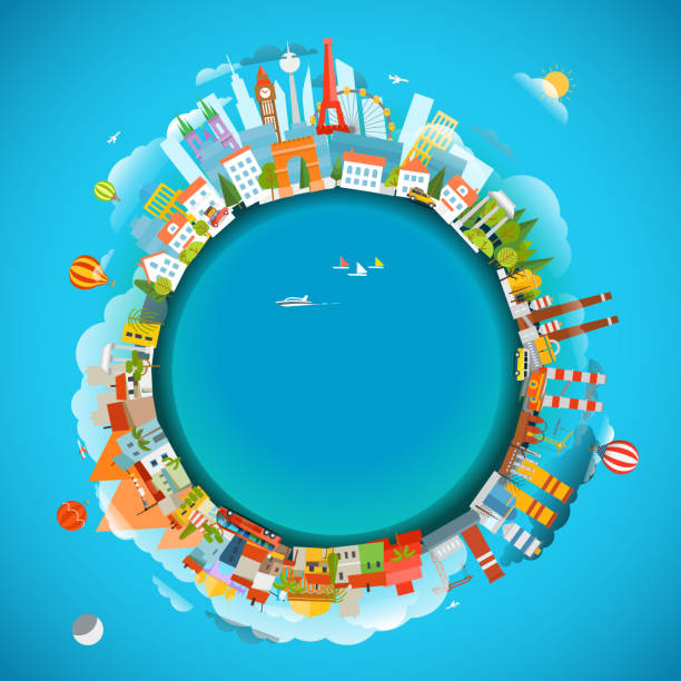 istock The Earth and different locations. Travel concept vector illustration. Copy-space for any text 648359258