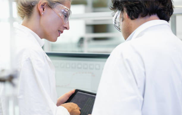 istock Scientists in a Laboratory Standing Beside Computer Monitors and Discussing 648366946