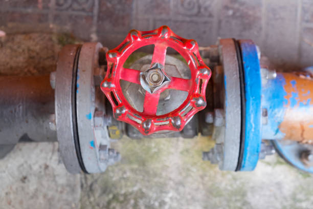 istock old red hand wheel of valve 648369900