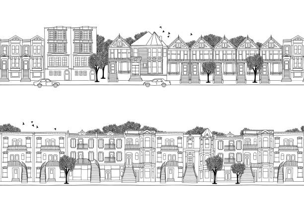 North American houses Two hand drawn seamless city banners - San Francisco and Montreal style houses, Victorian architecture in North America victorian house stock illustrations