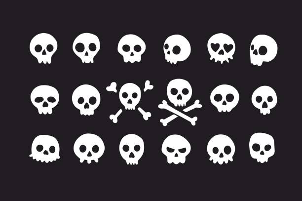 ilustrações, clipart, desenhos animados e ícones de conjunto de crânios do doodle com ossos - skull