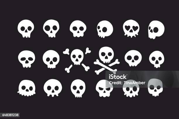 Set Of Doodle Skulls With Bones Stock Illustration - Download Image Now - Skull, Cute, Icon