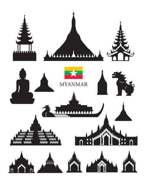 illustrazioni stock, clip art, cartoni animati e icone di tendenza di set di oggetti edificio dell'architettura myanmar landmarks - yangon