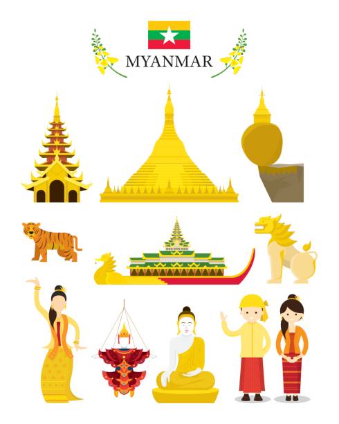 미얀마 랜드마크 및 문화 오브젝트 세트 - shwedagon pagoda yangon myanmar temple stock illustrations