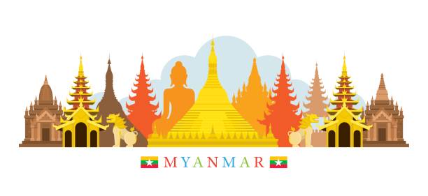 미얀마 건축 랜드마크 스카이라인 - shwedagon pagoda yangon myanmar temple stock illustrations