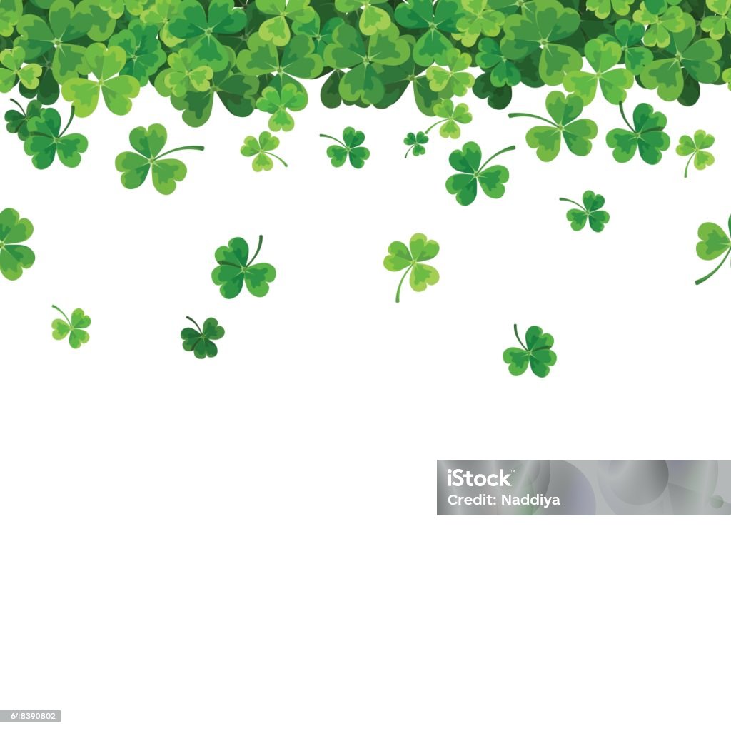 St. Patrick's day horizontal seamless background with shamrock. Vector illustration. Vector St. Patrick's day horizontal seamless background with green falling shamrock on white. Clover stock vector