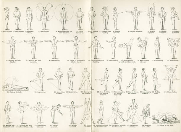Forty-five Victorian exercises to be done at home Forty-five exercises to be done at home - double-page spread of various exercises from “Medical Indoor Gymnastics or A System of Hygienic Exercise for Home Use to be Practised Anywhere without Apparatus or Assistance by Young and Old of Either Sex for the Preservation of Health and General Activity”, by DGM Schreber MD. Published in 1899. gymnastics stretches stock illustrations