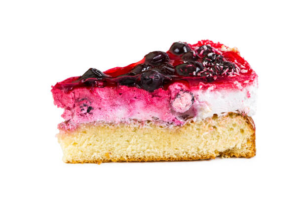 istock Piece of cake with souffle and black currant, covered with jelly 648408438