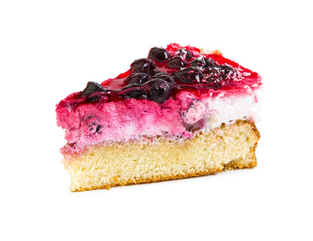 istock Piece of cake with souffle and black currant, covered with jelly 648408444