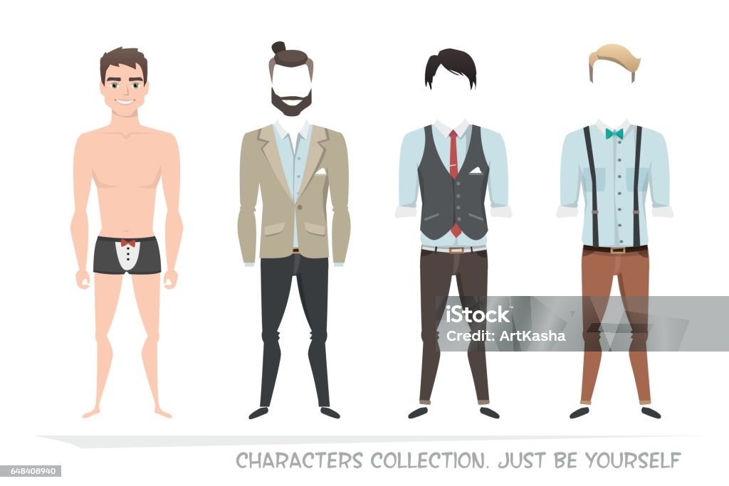 Clothing sets for men. Constructor character. Clothing sets for men. Constructor of the character. Creating a character style. Different types of attire for a guy. Cartoon style. Doll stock vector