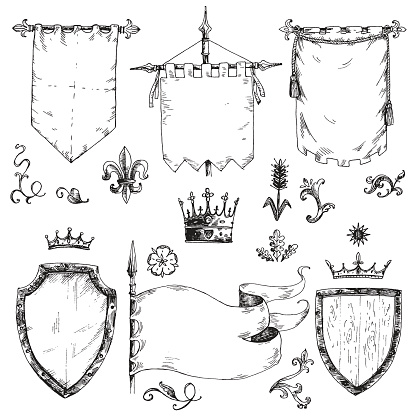 Vector hand drawn collection of heraldic templates: shield, flag, standard, crown, plants. Sketchy engraving style. Isolated medieval set