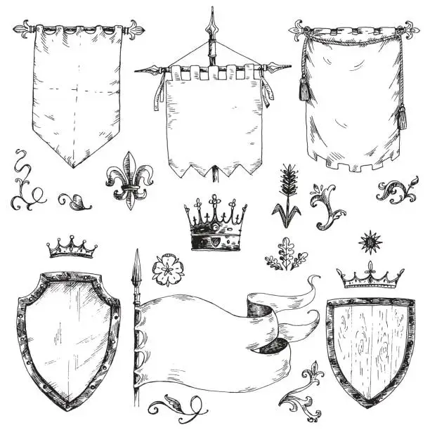 Vector illustration of Vector hand drawn collection of heraldic templates: shield, flag