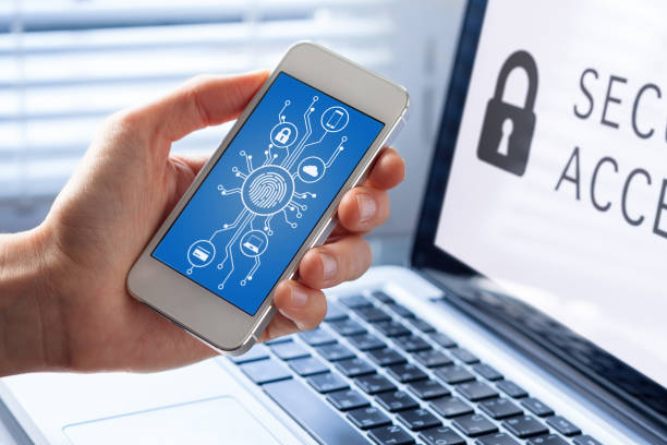 istock Mobile phone cyber security concept with person showing smartphone screen 648412962
