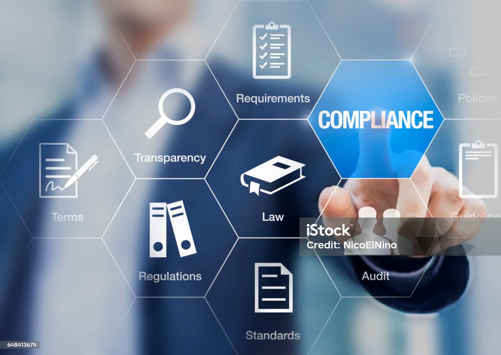 Compliance concept with icons, virtual screen, businessman touching button Compliance concept with icons for regulations, law, standards, requirements and audit on a virtual screen with a business person touching a button Conformity Stock Photo