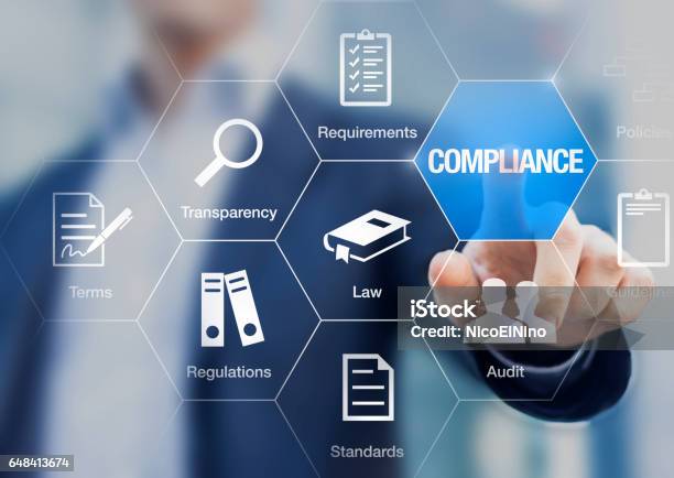 Compliance Concept With Icons Virtual Screen Businessman Touching Button Stock Photo - Download Image Now