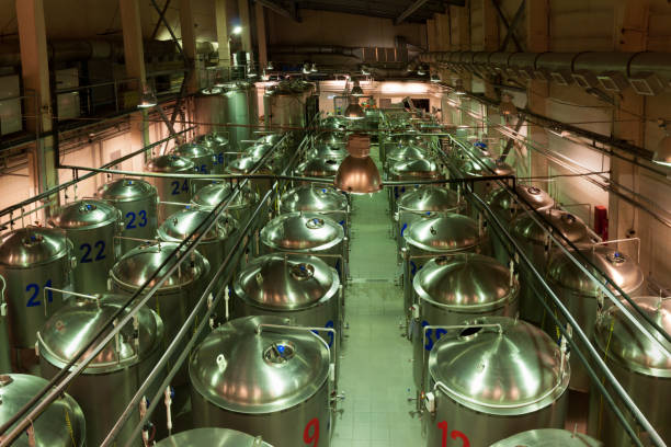 Brewery, several rows of steel tanks