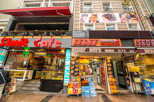 Istanbul, Turkey - October 27, 2014: Cafes and shops selling turkish food and snacks in Istanbul.
