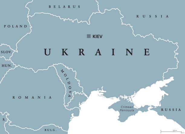 Ukraine political map Ukraine political map with capital Kiev, national borders, Crimean Peninsula and neighbor countries. State in Eastern Europe. Gray illustration isolated on white background. English labeling. Vector. kyiv stock illustrations