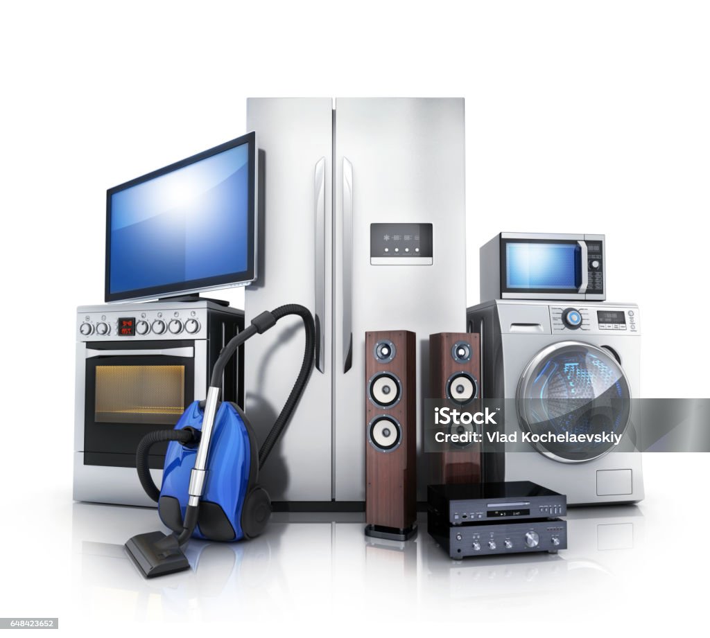 Consumer and home electronics Consumer and home electronics.TV,Fridge,vacuum cleaner,microwave,washer and electric-cooker. 3d illustration Electronics Store Stock Photo