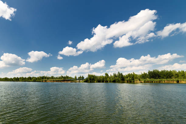 istock Clean lake and beautiful blue sky with clouds 648434086