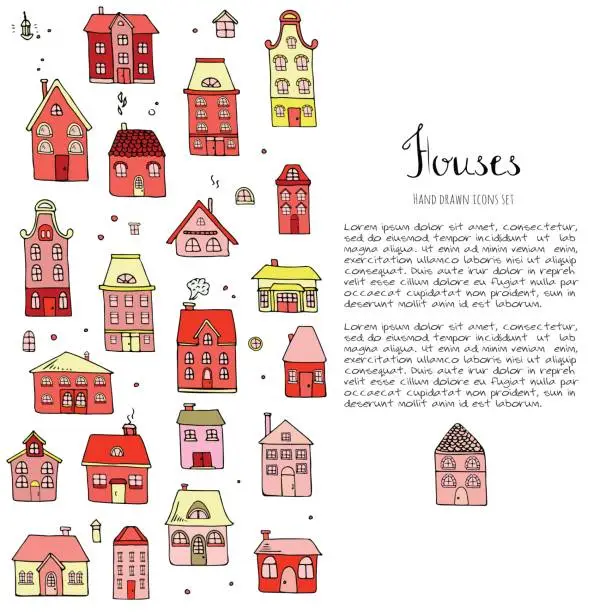 Vector illustration of Hand drawn doodle street homes icons set. Vector illustration. Cottage symbol collection. Cartoon village buildings various sketch architectural elements: residential houses, housing, property