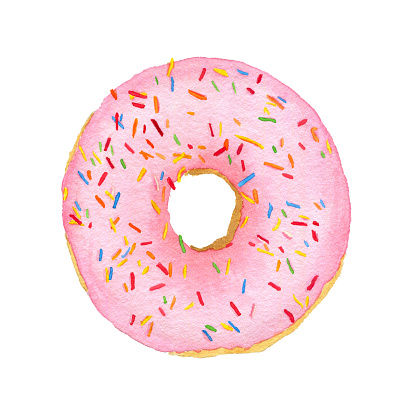 Watercolor pink with decorative sprinkles donut isolated on white background. Top view.