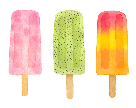 Three watercolor fruit popsicle isolated on white background.