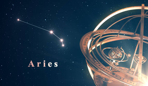 zodiac constellation aries and armillary sphere over blue background - aries imagens e fotografias de stock