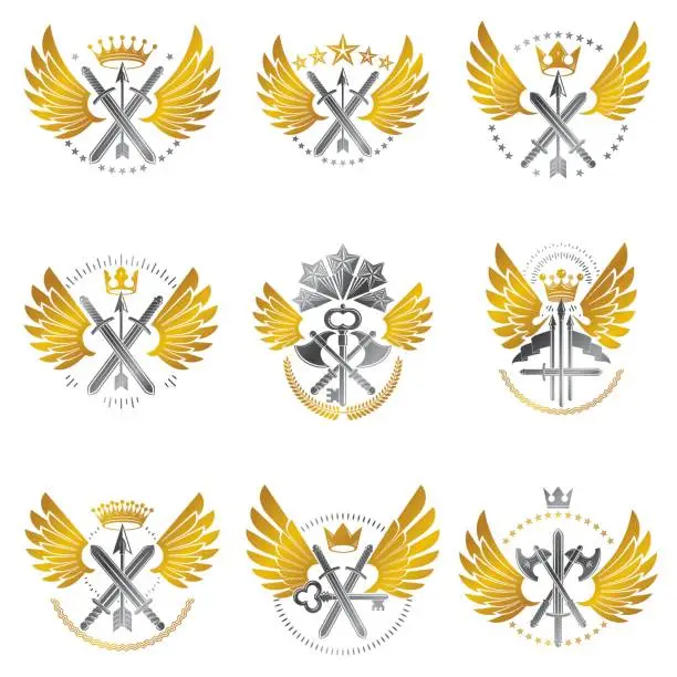 Vector illustration of Vintage Weapon Emblems set. Heraldic Coat of Arms, vintage vector emblems collection.