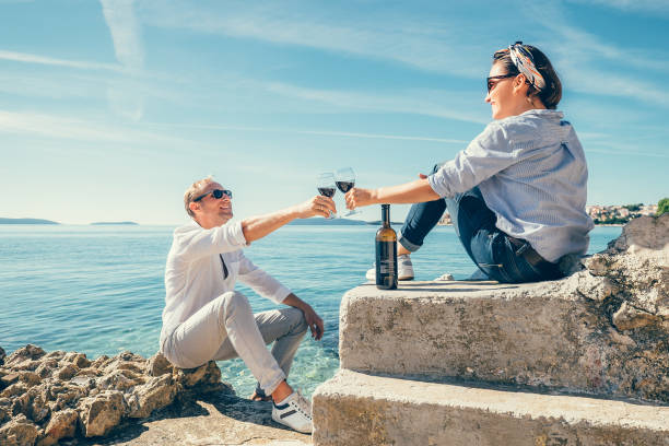 couple in love have romantic date in blue lagune on adriatic sea - dinner croatia bildbanksfoton och bilder