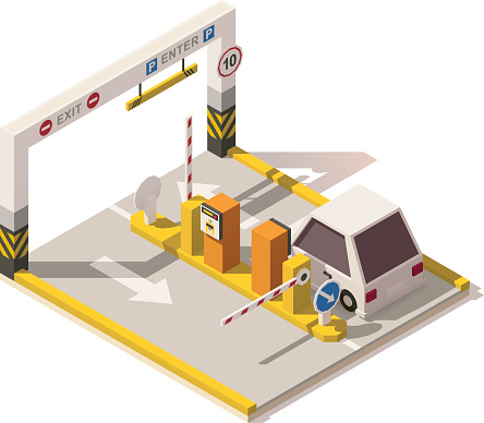 Vector isometric low poly underground parking. Includes parking ticket machines, barrier gates and signs