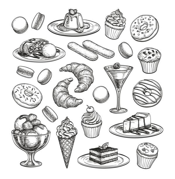 skizze-satz von dessert. - waffel kuchen und süßwaren stock-grafiken, -clipart, -cartoons und -symbole