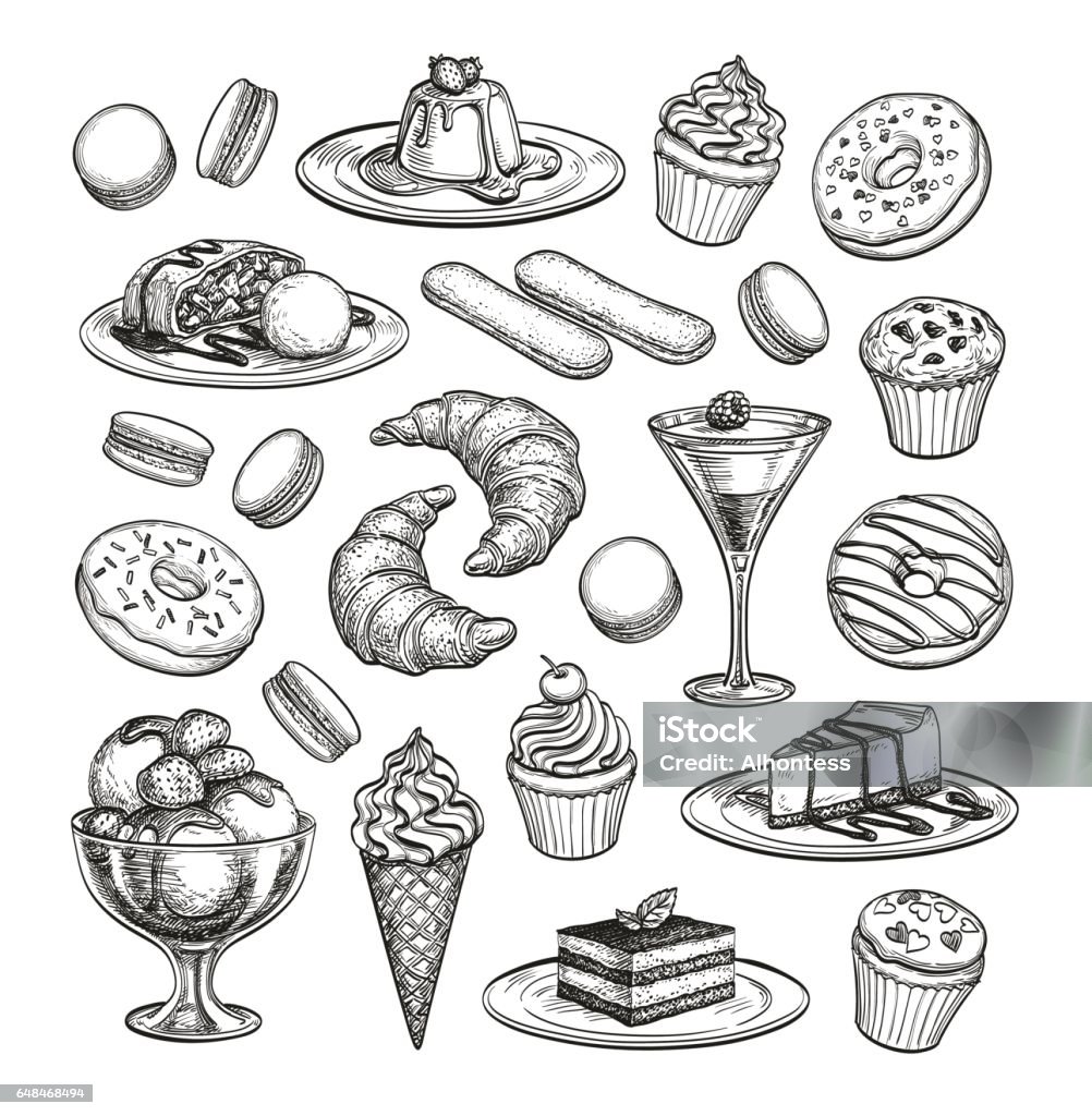 Sketch set of dessert. Sketch set of dessert. Pastry sweets collection isolated on white background. Hand drawn vector illustration. Retro style. Dessert - Sweet Food stock vector