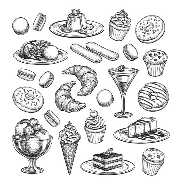 Sketch set of dessert. Sketch set of dessert. Pastry sweets collection isolated on white background. Hand drawn vector illustration. Retro style. engraving stock illustrations