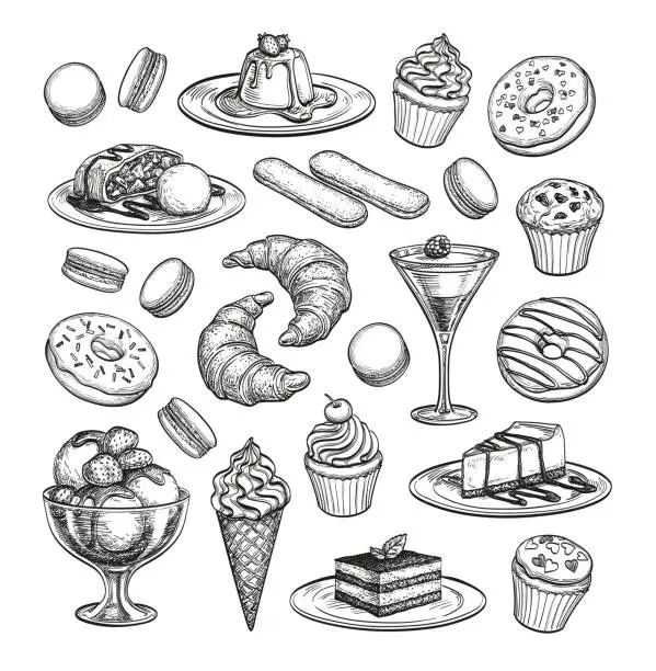Vector illustration of Sketch set of dessert.