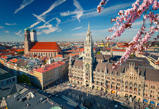Aerial view of Munchen at spring Aerial view of Munchen at spring: Marienplatz, New Town Hall and Frauenkirche krakow stock pictures, royalty-free photos & images